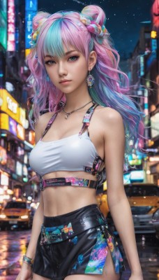 1girl,solo,long hair,breasts,looking at viewer,bangs,blue eyes,skirt,hair ornament,navel,cleavage,bare shoulders,jewelry,medium breasts,closed mouth,blue hair,standing,collarbone,pink hair,flower,multicolored hair,cowboy shot,earrings,outdoors,sky,sleeveless,midriff,belt,hair flower,miniskirt,black skirt,necklace,hair bun,nail polish,blurry,bracelet,two-tone hair,aqua eyes,lips,crop top,gun,double bun,aqua hair,gradient hair,night,blurry background,ground vehicle,night sky,motor vehicle,side slit,pencil skirt,city,realistic,nose,arms at sides,car,holster,shiny,artist name,signature,bra,mole,eyelashes,watermark,expressionless,ring,star (sky),web address,starry sky,science fiction,cyberpunk