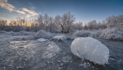 outdoors,sky,day,cloud,water,tree,blue sky,no humans,cloudy sky,nature,scenery,snow,forest,sunset,rock,mountain,winter,bare tree,river,landscape,gradient sky,sunrise,pine tree,grass,reflection,ice,evening