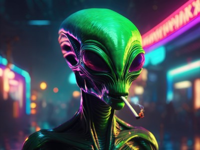 solo,1boy,upper body,male focus,outdoors,blurry,night,depth of field,blurry background,colored skin,mouth hold,portrait,smoke,cigarette,city,realistic,smoking,green skin,alien,city lights,neon lights,1girl,bodysuit,science fiction,cityscape,cyberpunk