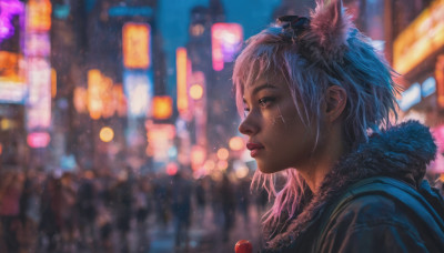 1girl, solo, short hair, animal ears, jewelry, blue hair, jacket, upper body, pink hair, earrings, blurry, from side, lips, fur trim, profile, night, blurry background, realistic, nose