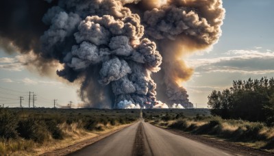 outdoors,sky,day,cloud,tree,blue sky,no humans,cloudy sky,grass,fire,nature,scenery,forest,smoke,road,bush,field,explosion,power lines,utility pole,railroad tracks,sunlight