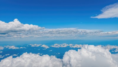 monochrome,outdoors,sky,day,cloud,water,blue sky,no humans,ocean,cloudy sky,scenery,blue theme,horizon,above clouds,signature