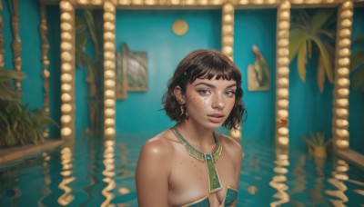 1girl,solo,breasts,looking at viewer,short hair,bangs,brown hair,black hair,cleavage,bare shoulders,brown eyes,jewelry,collarbone,upper body,earrings,small breasts,parted lips,teeth,dark skin,water,necklace,blurry,black eyes,dark-skinned female,lips,wet,strapless,blurry background,plant,partially submerged,freckles,realistic,nose,palm tree,pool,body freckles,blue eyes,blunt bangs,mole,tree