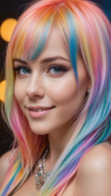 1girl,solo,long hair,looking at viewer,smile,bangs,blue eyes,blonde hair,bare shoulders,jewelry,blue hair,pink hair,multicolored hair,earrings,parted lips,teeth,tongue,tongue out,necklace,blurry,lips,streaked hair,eyelashes,gradient hair,makeup,portrait,freckles,realistic,nose,pearl necklace,rainbow hair,orange hair,watermark,web address,mascara