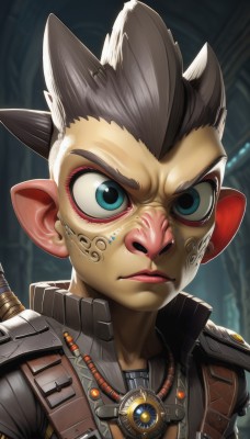 solo,looking at viewer,short hair,blue eyes,1boy,jewelry,closed mouth,upper body,grey hair,male focus,pointy ears,necklace,armor,blurry,lips,makeup,blurry background,facial mark,spiked hair,portrait,close-up,facepaint,cyborg,alien,mohawk,cyberpunk,1girl,black hair,animal ears,jacket,v-shaped eyebrows,mask,extra ears,serious,leather