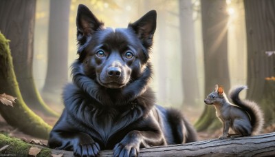 HQ,looking at viewer,blue eyes,closed mouth,outdoors,day,blurry,tree,no humans,animal,sunlight,cat,nature,forest,light rays,realistic,animal focus,mouse,signature,watermark,dog