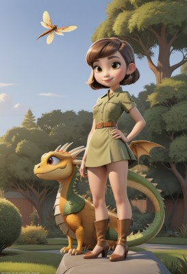 1girl,breasts,smile,short hair,brown hair,red eyes,dress,brown eyes,closed mouth,standing,tail,full body,short sleeves,small breasts,boots,outdoors,wings,horns,sky,day,belt,artist name,high heels,tree,blue sky,lips,hand on hip,watermark,brown footwear,short dress,grass,bug,butterfly,nature,web address,forest,dragon girl,dragon,dragon tail,brown belt,solo,bangs,water,pokemon (creature),thick eyebrows,claws,high heel boots,green dress,rock,realistic,nose,bush,deviantart username