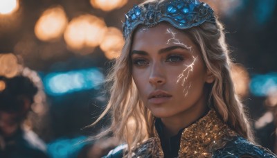 1girl,solo,long hair,looking at viewer,blonde hair,brown eyes,parted lips,teeth,armor,blurry,lips,eyelashes,depth of field,blurry background,tiara,portrait,realistic,nose,crown,freckles,bokeh