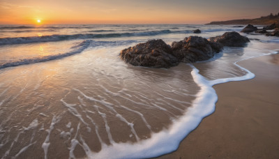 outdoors, sky, cloud, water, no humans, ocean, beach, scenery, sunset, rock, sand, sun, horizon, waves, shore, orange sky