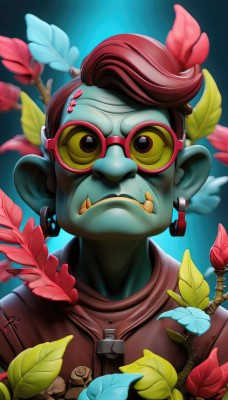 solo,looking at viewer,short hair,brown hair,hair ornament,1boy,jewelry,closed mouth,jacket,upper body,flower,male focus,red hair,earrings,glasses,colored skin,leaf,fangs,blue background,sunglasses,plant,portrait,blue skin,green skin,tinted eyewear,tusks,fangs out,pointy ears,artist name,facial hair