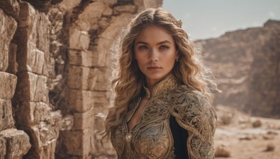 1girl,solo,long hair,breasts,looking at viewer,blue eyes,blonde hair,brown hair,cleavage,jewelry,medium breasts,closed mouth,upper body,earrings,outdoors,day,armor,blurry,lips,blurry background,wavy hair,curly hair,realistic,fantasy,sky,sunlight,veil