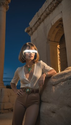 1girl,solo,breasts,short hair,bangs,brown hair,shirt,cleavage,jewelry,medium breasts,standing,white shirt,cowboy shot,outdoors,parted lips,open clothes,sky,belt,pants,dark skin,necklace,bracelet,dark-skinned female,lips,hand on hip,open shirt,no bra,bob cut,goggles,sleeves rolled up,realistic,brown pants,ruins,pillar,head-mounted display,column,small breasts,night,nose,sleeves pushed up,plunging neckline