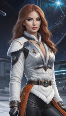 1girl,solo,long hair,breasts,looking at viewer,brown hair,gloves,long sleeves,cleavage,brown eyes,jewelry,medium breasts,earrings,sky,black gloves,belt,pants,necklace,lips,coat,fur trim,makeup,black pants,lipstick,star (sky),starry sky,fur collar,nose,red lips,space,standing,jacket,red hair,cowboy shot,artist name,star (symbol),grey eyes,science fiction,realistic