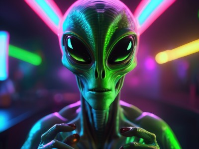 solo,looking at viewer,1boy,green eyes,upper body,male focus,parted lips,teeth,shiny,blurry,bodysuit,mask,blurry background,colored skin,portrait,science fiction,realistic,green skin,alien,neon lights,animal ears,rabbit ears,glowing