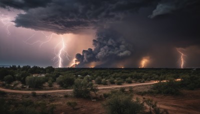 outdoors,sky,cloud,signature,tree,no humans,night,cloudy sky,grass,nature,scenery,forest,sunset,electricity,road,dark,lightning,landscape,water,fire,ground vehicle,smoke,river