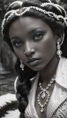 1girl,solo,long hair,breasts,looking at viewer,hair ornament,cleavage,jewelry,medium breasts,closed mouth,collarbone,monochrome,upper body,braid,greyscale,earrings,dark skin,necklace,blurry,dark-skinned female,lips,head tilt,eyelashes,single braid,makeup,depth of field,blurry background,lipstick,gem,portrait,hair over shoulder,close-up,forehead,braided ponytail,realistic,nose,hair pulled back,pearl necklace,multiple braids,artist name