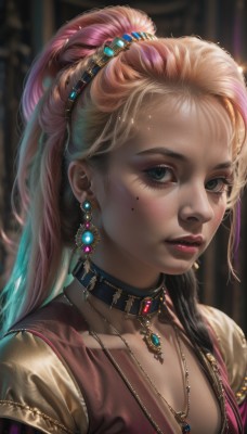 1girl,solo,long hair,breasts,looking at viewer,blue eyes,blonde hair,hair ornament,cleavage,jewelry,green eyes,collarbone,upper body,ponytail,pink hair,multicolored hair,earrings,parted lips,choker,artist name,signature,necklace,mole,blurry,vest,collar,two-tone hair,lips,eyelashes,mole under eye,makeup,blurry background,high ponytail,lipstick,gem,portrait,pendant,eyeshadow,freckles,realistic,nose,red lips,eyeliner,blue gemstone,mascara,braid,hairband,watermark,gold