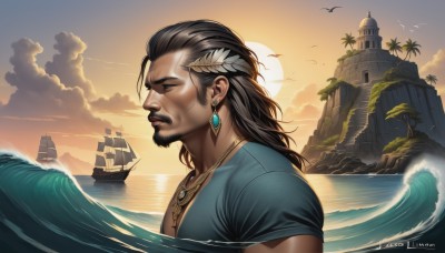 solo,long hair,brown hair,shirt,black hair,hair ornament,1boy,jewelry,closed mouth,upper body,short sleeves,male focus,earrings,outdoors,sky,artist name,cloud,signature,dark skin,water,necklace,from side,tree,profile,muscular,facial hair,bird,ocean,watermark,beach,dark-skinned male,cloudy sky,feathers,blue shirt,muscular male,building,web address,beard,partially submerged,sunset,mature male,mustache,palm tree,sun,feather hair ornament,watercraft,manly,castle,ship,waves,lighthouse,closed eyes,braid,lips,tattoo,scar,piercing,pectorals,nose,green shirt,boat,orange sky,aqua shirt