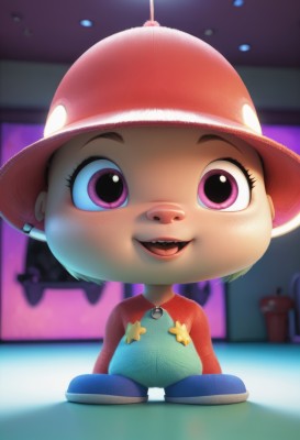 1girl,solo,looking at viewer,smile,short hair,open mouth,brown hair,shirt,1boy,hat,purple eyes,upper body,:d,male focus,teeth,indoors,pink eyes,blurry,blurry background,upper teeth only,red shirt,child,red headwear,full body,shoes,pants,star (symbol),eyelashes,watermark,parody,baseball cap,furry,blue footwear,buck teeth