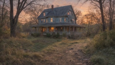 outdoors,sky,cloud,tree,no humans,window,cloudy sky,grass,building,nature,scenery,forest,sunset,fence,door,road,house,lamppost,bare tree,path,bush