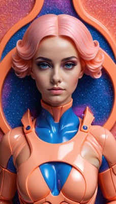 1girl,solo,breasts,looking at viewer,short hair,blue eyes,medium breasts,closed mouth,upper body,pink hair,shiny,signature,dark skin,dark-skinned female,lips,bodysuit,makeup,watermark,lipstick,star (sky),skin tight,web address,eyeshadow,starry sky,science fiction,curly hair,realistic,nose,eyeliner,space,straight-on,mascara,spacesuit,small breasts,artist name,eyelashes,shiny clothes