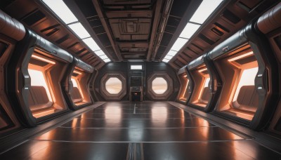 indoors,blurry,no humans,window,depth of field,scenery,reflection,science fiction,cable,solo,robot,close-up,machinery,wooden floor,reflective floor