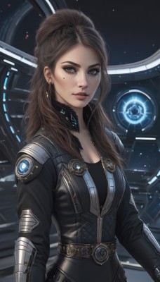 1girl,solo,long hair,breasts,looking at viewer,brown hair,cleavage,brown eyes,jewelry,medium breasts,upper body,earrings,parted lips,belt,mole,lips,mole under eye,bodysuit,makeup,science fiction,realistic,nose,black bodysuit,space,artist name,signature,zipper,freckles