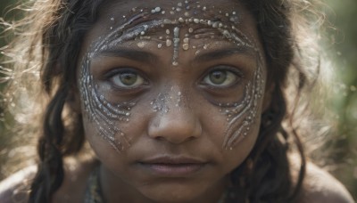 1girl,solo,long hair,looking at viewer,brown hair,black hair,brown eyes,jewelry,closed mouth,yellow eyes,braid,dark skin,blurry,dark-skinned female,lips,eyelashes,depth of field,blurry background,portrait,close-up,freckles,realistic,nose,1boy,male focus,headdress