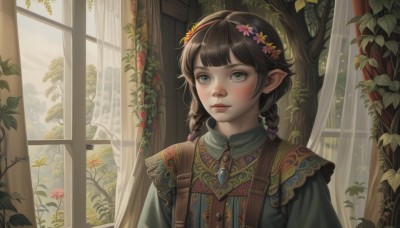 1girl,solo,long hair,looking at viewer,blush,bangs,brown hair,black hair,hair ornament,dress,jewelry,closed mouth,green eyes,upper body,braid,flower,hairband,day,pointy ears,indoors,hair flower,blunt bangs,twin braids,tree,lips,eyelashes,window,leaf,plant,curtains,gem,realistic,nose,fantasy,looking afar,head wreath,vines,open window,shirt,sunlight,elf,nature,pink flower,freckles