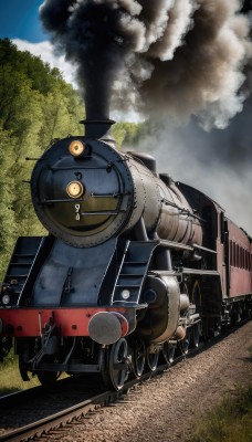 outdoors,sky,day,cloud,signature,tree,military,no humans,grass,ground vehicle,motor vehicle,smoke,military vehicle,tank,vehicle focus,caterpillar tracks,world war ii,weapon,nature,forest,cannon,machine gun,train,railroad tracks