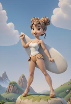 1girl,solo,breasts,smile,short hair,open mouth,brown hair,cleavage,bare shoulders,brown eyes,medium breasts,standing,full body,flower,small breasts,outdoors,wings,sky,day,cloud,hair bun,blue sky,double bun,covered navel,sandals,camisole,fairy wings,fairy,mushroom,dark skin,toes,single hair bun,grass,tiara