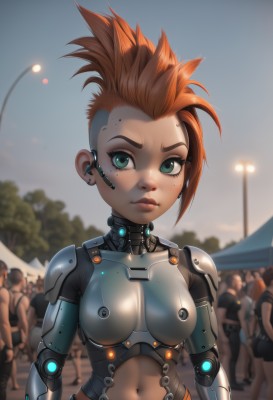 1girl,breasts,looking at viewer,short hair,multiple girls,brown hair,navel,jewelry,medium breasts,green eyes,upper body,earrings,small breasts,outdoors,solo focus,midriff,orange hair,armor,mole,blurry,lips,clothing cutout,mole under eye,bodysuit,depth of field,blurry background,piercing,ear piercing,freckles,science fiction,asymmetrical hair,nose,joints,navel cutout,mechanical arms,undercut,cyborg,lamppost,hair pulled back,mohawk,solo,very short hair,robot joints,crowd,cyberpunk,eyebrow piercing