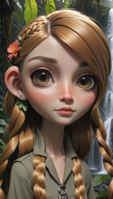 1girl,solo,long hair,looking at viewer,blush,bangs,blonde hair,brown hair,shirt,hair ornament,brown eyes,jewelry,closed mouth,collarbone,upper body,braid,flower,earrings,outdoors,day,collared shirt,artist name,hair flower,water,blurry,twin braids,lips,eyelashes,depth of field,blurry background,swept bangs,leaf,sunlight,thick eyebrows,plant,hair over shoulder,grey shirt,freckles,realistic,nose,stud earrings,nature,waterfall