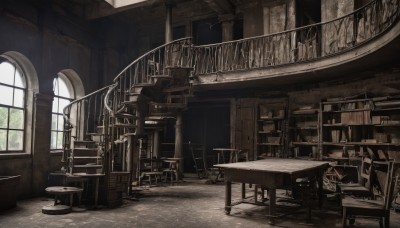 monochrome,day,indoors,book,no humans,window,chair,table,sunlight,scenery,stairs,railing,bookshelf,desk,ladder,chandelier