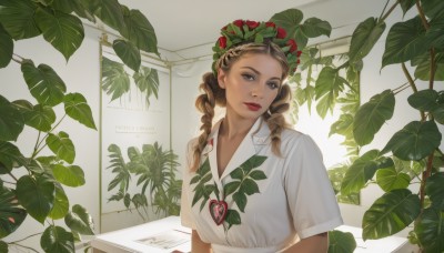 1girl,solo,long hair,looking at viewer,smile,bangs,brown hair,shirt,twintails,brown eyes,jewelry,closed mouth,white shirt,upper body,braid,short sleeves,heart,indoors,necklace,twin braids,lips,makeup,leaf,plant,paper,red lips,head wreath,breasts,earrings,collared shirt,artist name,english text,head tilt,sunlight,lipstick,realistic,nose