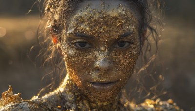 1girl,solo,looking at viewer,smile,short hair,1boy,closed mouth,male focus,blurry,black eyes,lips,grey eyes,depth of field,blurry background,portrait,close-up,realistic,straight-on,gold,long hair,black hair,jewelry,earrings,makeup,gem,light particles,lens flare,bokeh