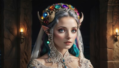 1girl,solo,long hair,looking at viewer,blue eyes,hair ornament,dress,jewelry,blue hair,collarbone,grey hair,multicolored hair,earrings,parted lips,horns,pointy ears,indoors,lips,eyelashes,makeup,elf,gem,portrait,veil,lace,realistic,nose,fantasy,red lips,candle