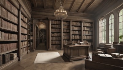 day,indoors,tree,book,no humans,window,chair,table,sunlight,plant,scenery,wooden floor,paper,stairs,bookshelf,potted plant,lamp,shelf,book stack,library,ceiling,chandelier,desk,candle,candlestand