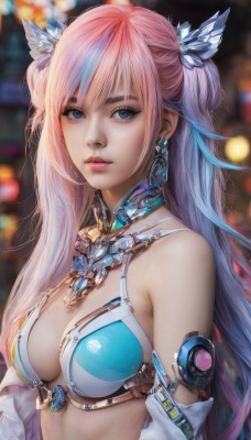 1girl,solo,long hair,breasts,looking at viewer,bangs,blue eyes,hair ornament,cleavage,bare shoulders,jewelry,medium breasts,blue hair,swimsuit,upper body,pink hair,bikini,multicolored hair,earrings,parted lips,necklace,blurry,two-tone hair,two side up,lips,blurry background,bikini top only,realistic,nose,twintails,closed mouth,detached sleeves,artist name,armor,streaked hair,eyelashes,gradient hair,makeup,detached collar,depth of field,watermark,expressionless,pink lips,bikini armor