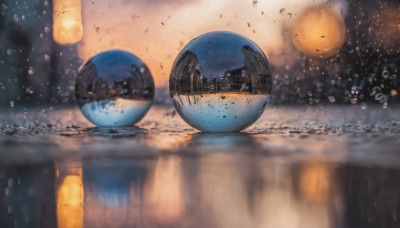 outdoors, sky, water, blurry, no humans, night, depth of field, building, scenery, reflection, rain, water drop, city, cityscape, city lights