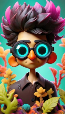 solo,looking at viewer,smile,short hair,brown hair,shirt,black hair,1boy,closed mouth,upper body,flower,male focus,collared shirt,artist name,blurry,black shirt,leaf,plant,spiked hair,goggles,male child,coral,tracer (overwatch),buttons,watermark,child,web address,green background,aqua background