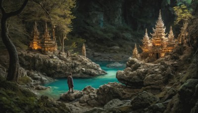 solo,1boy,standing,male focus,outdoors,water,from behind,tree,nature,scenery,forest,rock,fantasy,bridge,river,waterfall,cave,building,1other,castle,ambiguous gender