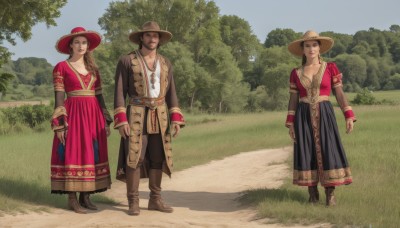 1girl,long hair,breasts,looking at viewer,smile,multiple girls,brown hair,shirt,long sleeves,1boy,hat,dress,2girls,cleavage,jewelry,standing,braid,earrings,boots,outdoors,sky,day,pants,necklace,tree,facial hair,brown footwear,grass,beard,arms at sides,traditional clothes,brown eyes,medium breasts,closed mouth,full body,coat,sash,shadow,red dress,bug,butterfly,nature,red headwear,mustache,brown headwear