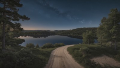 outdoors,sky,cloud,water,tree,no humans,night,grass,star (sky),nature,night sky,scenery,forest,starry sky,sunset,road,bush,river,landscape,path,ocean,plant,horizon,shore