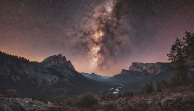 outdoors,sky,cloud,tree,no humans,night,star (sky),nature,night sky,scenery,forest,starry sky,rock,mountain,landscape,grass,milky way