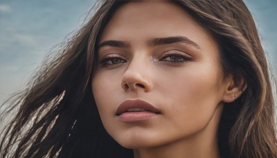 1girl,solo,long hair,looking at viewer,brown hair,brown eyes,jewelry,earrings,outdoors,parted lips,sky,teeth,day,cloud,blue sky,lips,grey eyes,eyelashes,cloudy sky,portrait,close-up,realistic,nose,wind