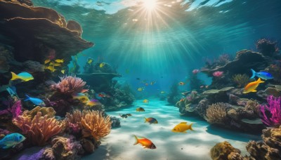 outdoors,day,water,no humans,ocean,beach,sunlight,scenery,fish,light rays,rock,underwater,sand,sunbeam,turtle,coral,seaweed,bubble,air bubble