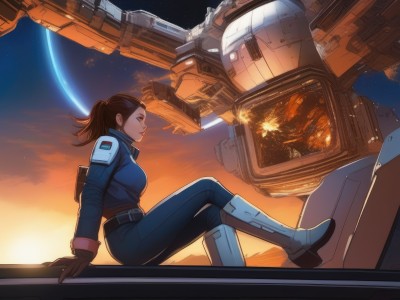 1girl,solo,breasts,brown hair,gloves,brown eyes,medium breasts,sitting,jacket,ponytail,boots,sky,belt,pants,uniform,from side,robot,blue jacket,star (sky),mecha,brown gloves,science fiction,hair behind ear,pilot suit,space,planet,spacecraft,long hair,lips,knee boots,floating,backlighting,sunset,realistic,sun,explosion