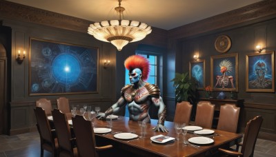 solo,red eyes,1boy,sitting,flower,male focus,red hair,food,teeth,indoors,cup,window,tattoo,muscular,glowing,colored skin,chair,abs,table,plant,plate,drinking glass,topless male,blue skin,clock,glass,candle,wine glass,vase,painting (object),restaurant,chandelier,jewelry,armor,knife,alcohol,fork,lamp,facepaint