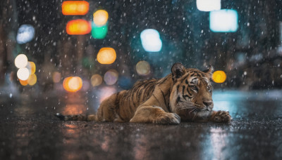 outdoors, lying, blurry, no humans, night, animal, on stomach, rain, lantern, snowing, animal focus, paper lantern, tiger